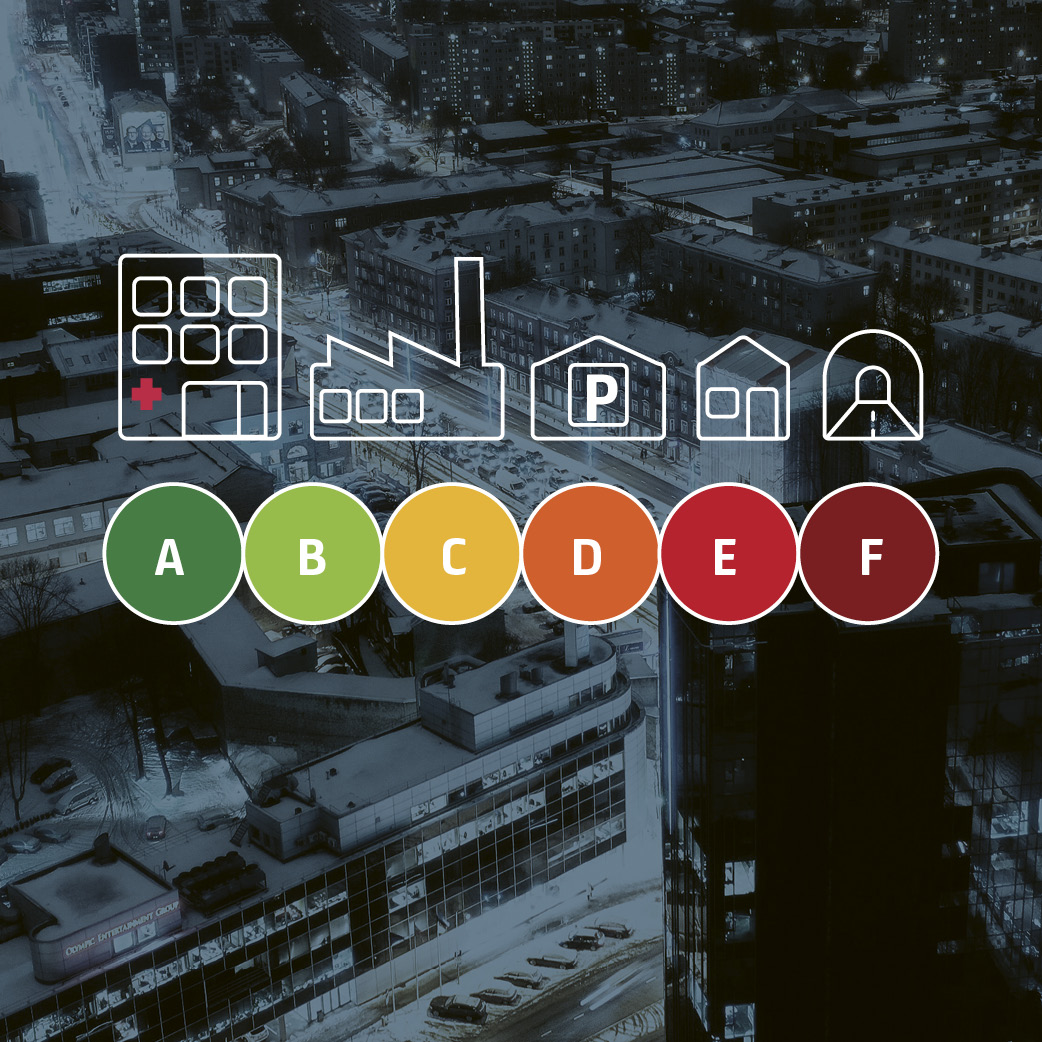 Graphic with buildings and letters