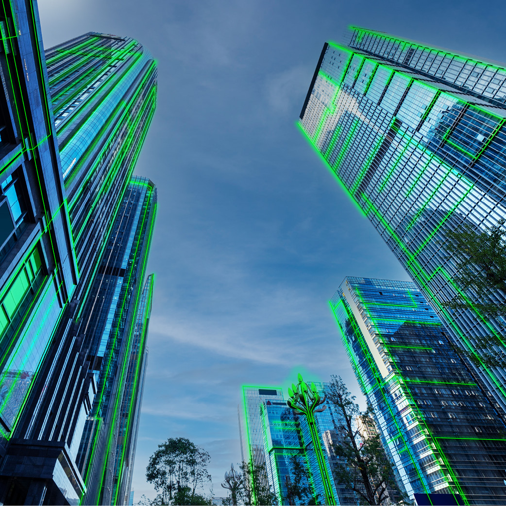 Buildings with green lines